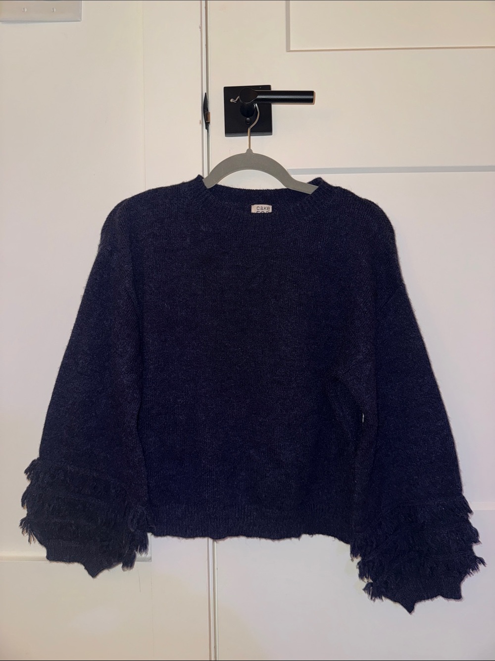 Fringe Sleeve Crewneck Sweater in Navy